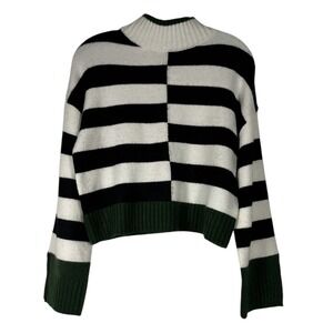 William Rast Sz S Sweater Black White Color Block Striped Mockneck Green Trim